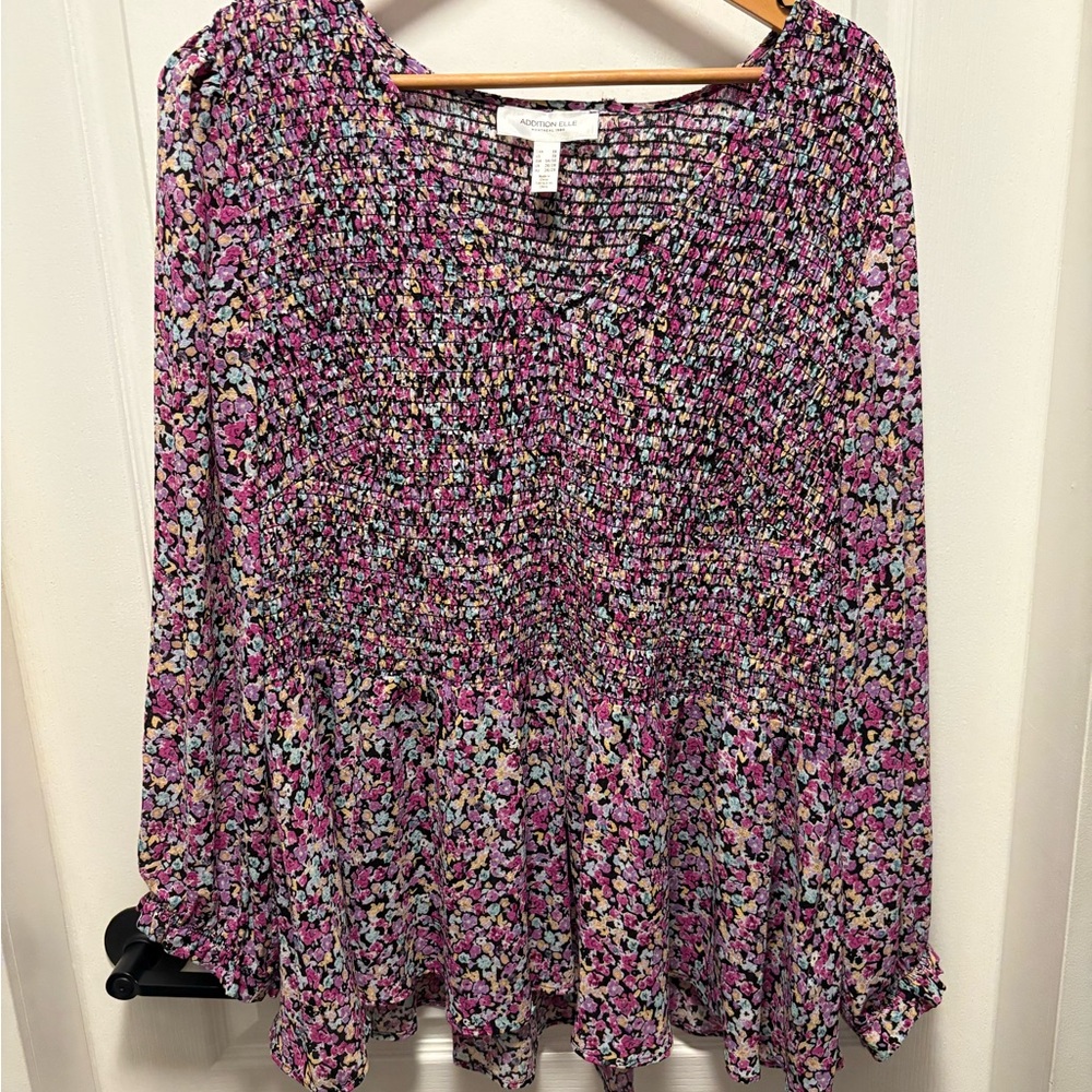 Addition Elle Floral Smocked Blouse - Pink and Purple